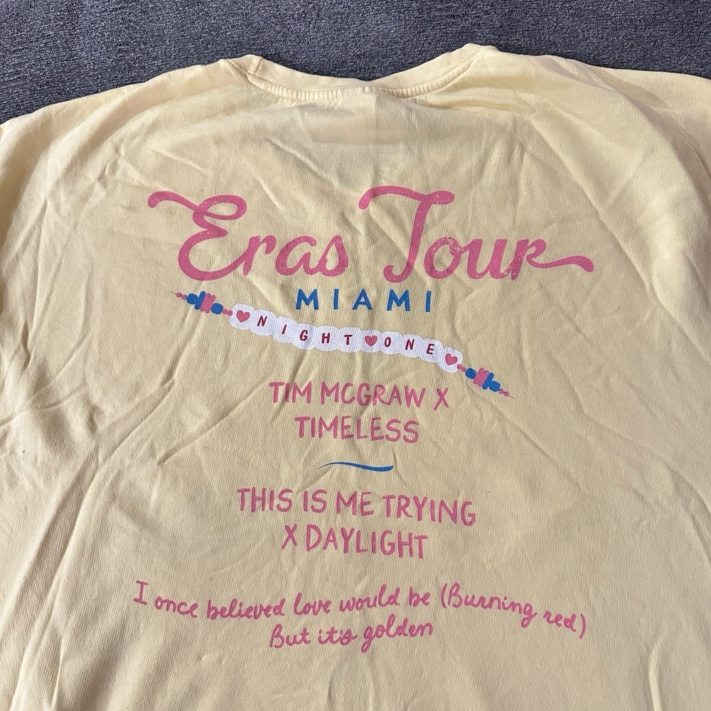 TAYLOR SWIFT Eras Tour Miami Night One Yellow Crewneck Sweatshirt Surprise Songs - Picture 3 of 7
